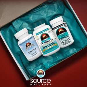 Open gift box labeled ‘Introducing: Your Holiday Survival Kit’ featuring Source Naturals Wellness Formula, GABA Calm, and Essential Enzymes supplements.