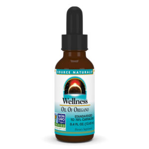 Source Naturals Wellness Oil of Oregano™ supplement bottle, wildcrafted true oregano (Origanum vulgare) standardized to 70% carvacrol, alcohol-free immune support.