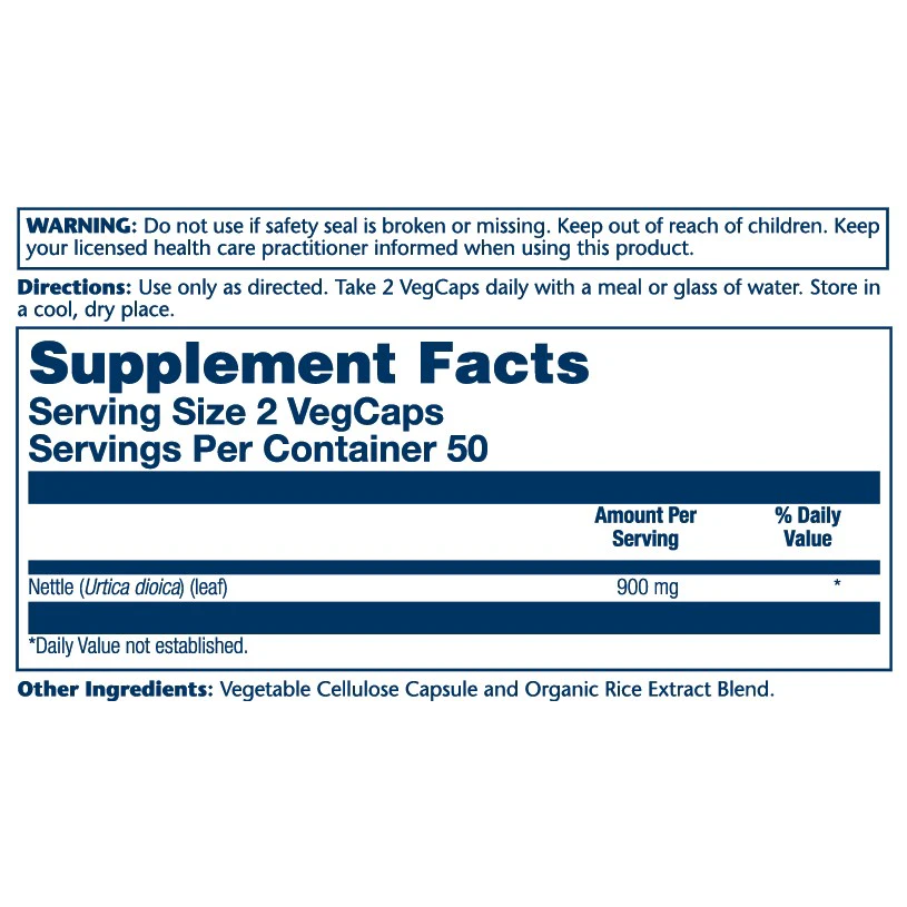 Solaray True Herbs Nettle 900 mg 100 VegCaps supplement facts panel